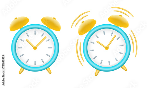 Alarm clock 3d icons. Wake up time concept. Morning timer cartoon design. Ringing watch. Vector illustration.