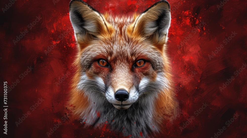 a close up of a red fox's face on a red background with a red spot in the center.