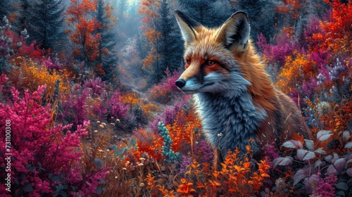 a painting of a fox in a field of wildflowers with a full moon in the sky in the background. © Nadia
