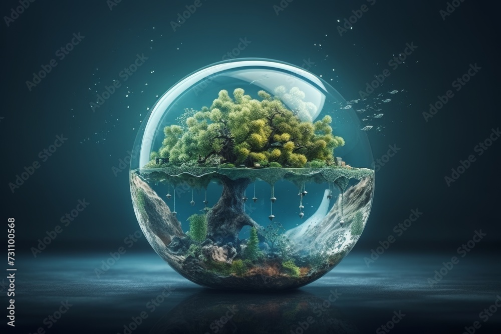 The sphere of water is a symbol of planet Earth with nature inside. Environmental protection concept, Water Day. Nature conservation and water protection The sphere of water is a symbol of planet Earth with nature inside. Environmental protection concept, Water Day. Nature conservation and water protection