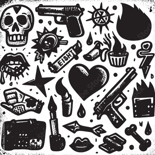 Doodle grunge rock set, hand drawn vector groovy punk graffiti print kit, emo gothic heart sign. photo