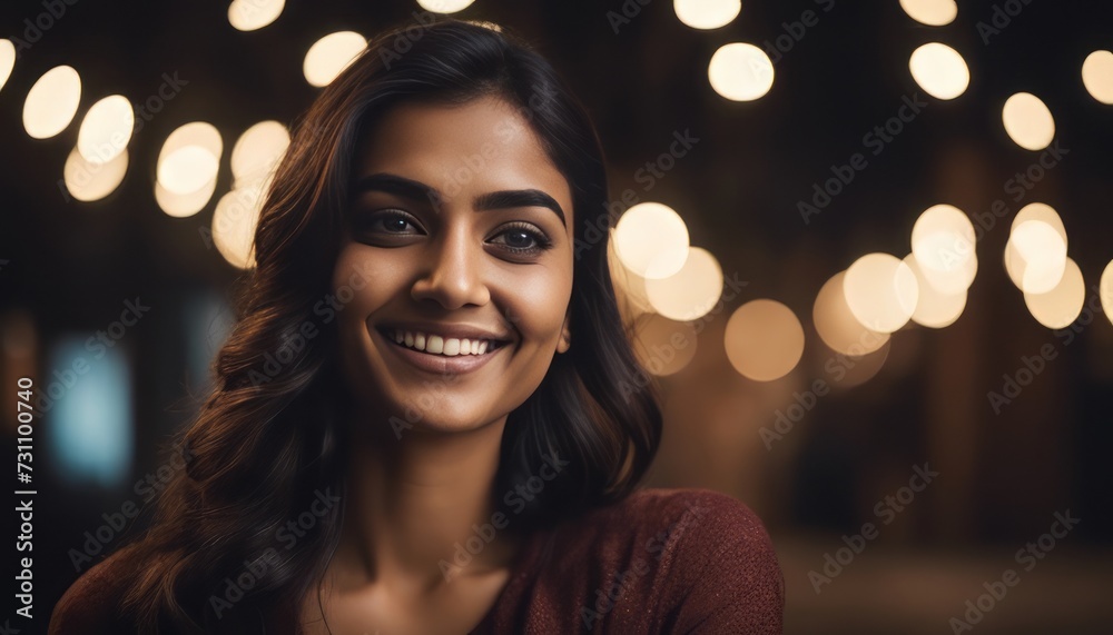 Candid portrait of a young woman smiling against a plain dark background. The young Indian lady