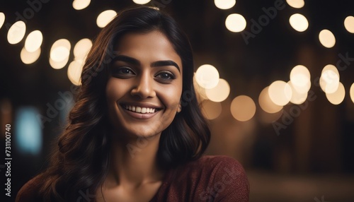 Candid portrait of a young woman smiling against a plain dark background. The young Indian lady