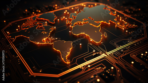 Fototapeta Naklejka Na Ścianę i Meble -  3D background of world map on a circuit board, orange and blue glowing