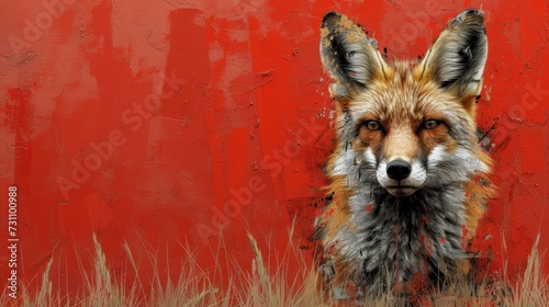 Fotografie, Obraz a painting of a fox in front of a red wall with grass in the foreground and grass in the foreground
