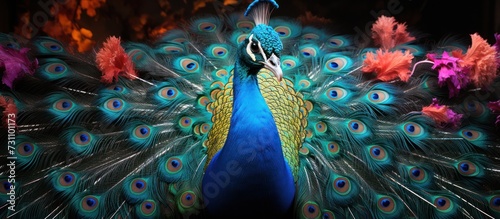 Peacock showing beautiful tail feathers, Front view, white background