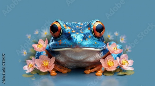 a blue frog with orange eyes sitting on top of a blue surface with pink flowers on it s head.