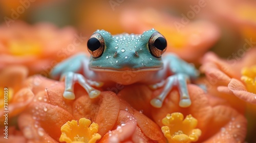 a close up of a frog on a flower with drops of water on it s face and a background of orange and yellow flowers.