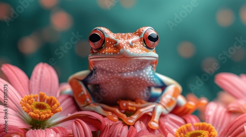 a frog sitting on top of a pink flower next to a green and blue background with pink and orange flowers.