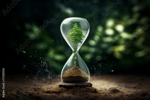  Hourglass with wood inside. Symbol of the passage of time, concept of caring for nature, depletion of natural resources