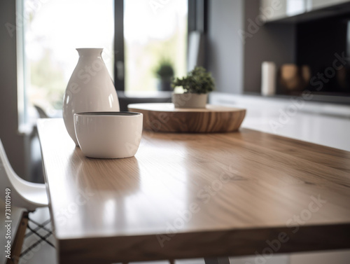 modern wooden kitchen table close-up with white ceramic vases on a blurred kitchen background