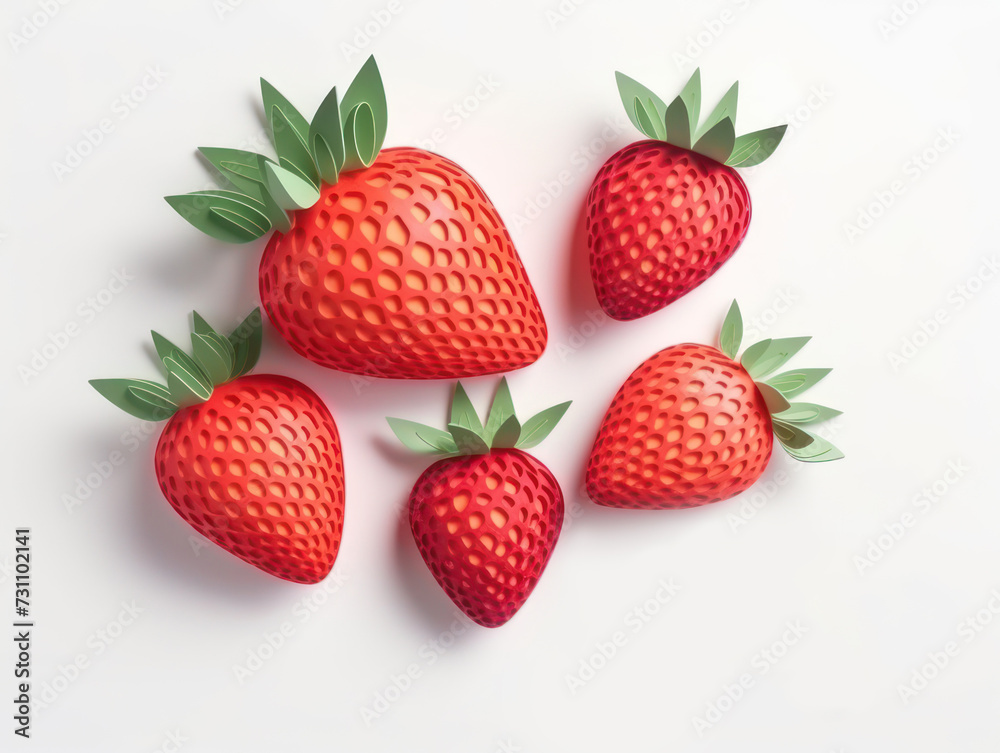 strawberry berries and white flowers and green leaves on a white background, origami, paper layers, paper art strawberry berries and white flowers and green leaves on a white background, origami, paper layers, paper art