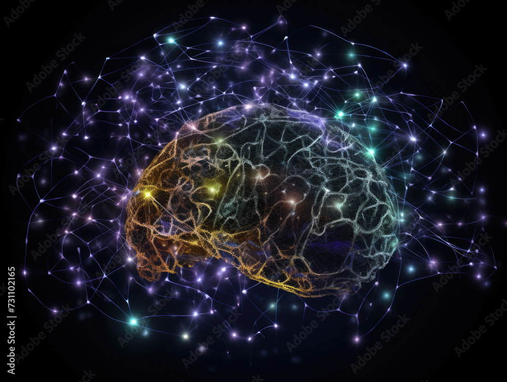 neural network around the brain, formation of neural connections and thoughts, artificial intelligence, IQ testing