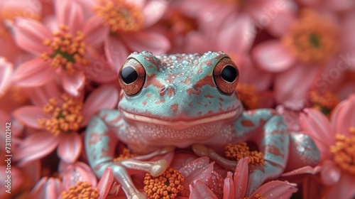 a close up of a frog on a bed of pink flowers with a blurry image of the frog s face.