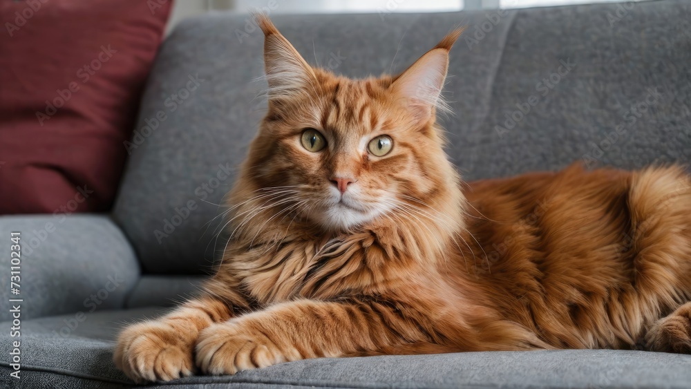 Red maine coon cat lying on sofa at home