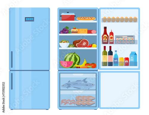 Fridge. Closed and open refrigerator. Blue fridge with healthy food, water, meet, vegetables, fruits. Vector Illustration.