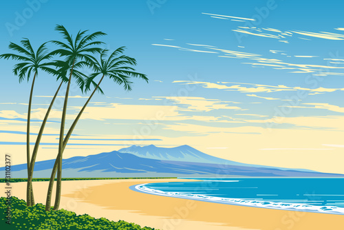 Summer day on a paradise beach with a beautiful landscape of palm trees. Landscape of a sandy beach with palm trees against the backdrop of mountains and blue ocean waves. Vector illustration.