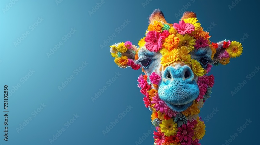 a close up of a giraffe with flowers on it's head and a blue sky in the background.