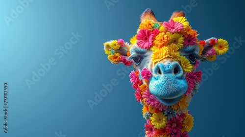 a close up of a giraffe with flowers on it s head and a blue sky in the background.
