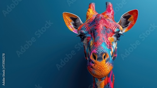 a close up of a giraffe's head with a bright colored pattern on it's face.