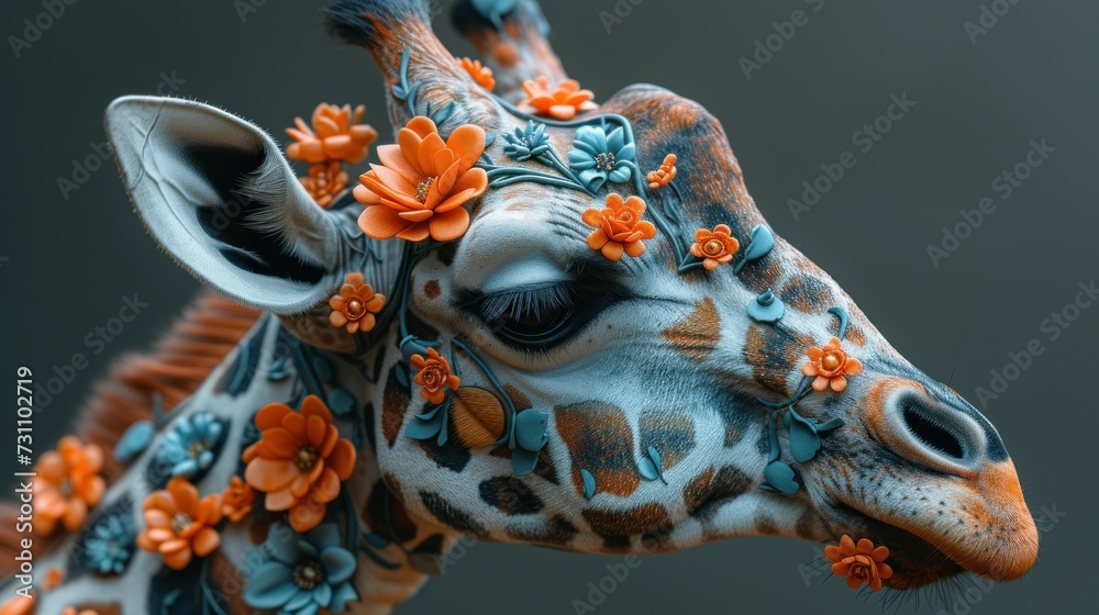 a close up of a giraffe's head with flowers on it's head and a gray background.