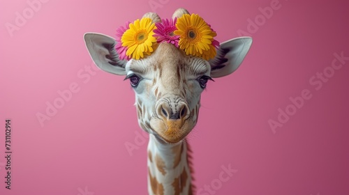 a close up of a giraffe with flowers on it's head and a pink wall in the background.