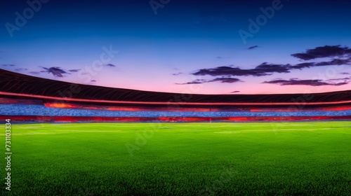 sunset over an American stadium, green grass in staduim