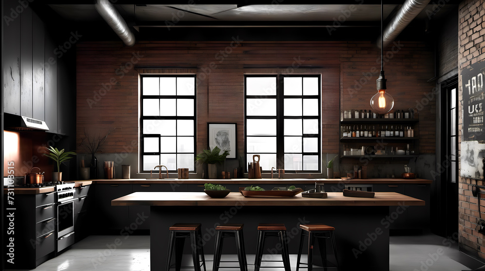 View of apartment with a sleek, industrial-inspired design and exposed brick ...