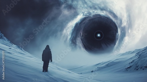 A man in the snowy north looking at a black hole in the sky. Generative AI