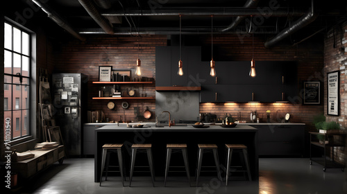apartment with a sleek, industrial-inspired design and exposed brick walls, featuring a color palette of charcoal black, distressed copper, and weathered steel gray. low angle © indofootage