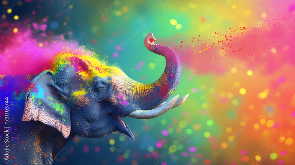 Majestic elephant is throwing colored powder from his trunk - Format 16:9