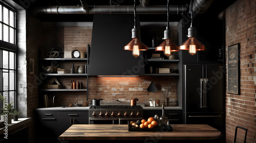 apartment with a sleek, industrial-inspired design and exposed brick walls, featuring a color palette of charcoal black, distressed copper, and weathered steel gray. close up