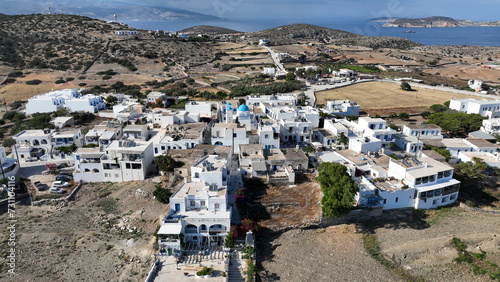 Aerial drone photo of small picturesque main town in island of Schoinousa, small Cyclades, Greece photo