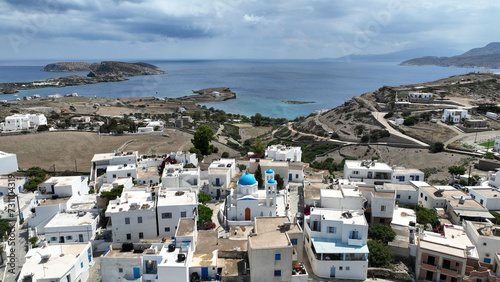 Obraz na płótnie Aerial drone photo of small picturesque main town in island of Schoinousa, small Cyclades, Greece w salonie