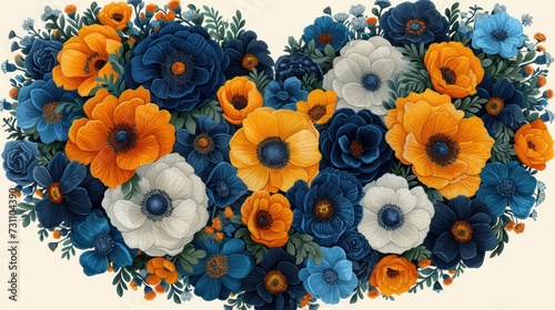 a heart - shaped arrangement of blue, orange, and white flowers on a white background with leaves and stems.