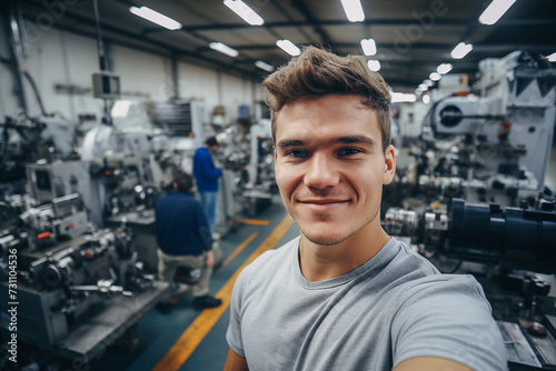 Ai generated image of smiling male factory engineer professional mechanic repairing machines