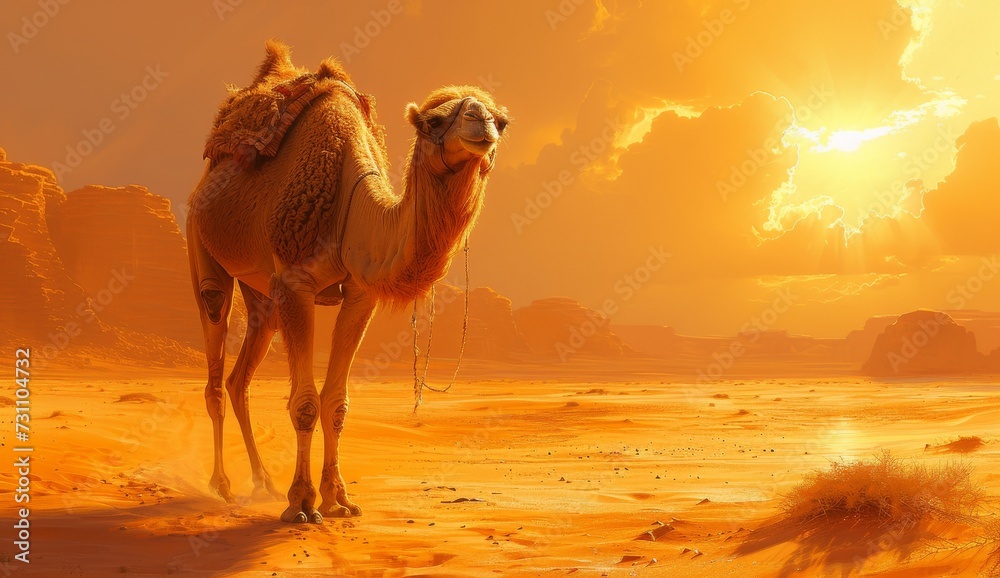 As the fiery sun sets over the vast desert sky, an elegant arabian camel traverses the sandy terrain, embodying the resilience and grace of this majestic terrestrial mammal - obrazy, fototapety, plakaty 