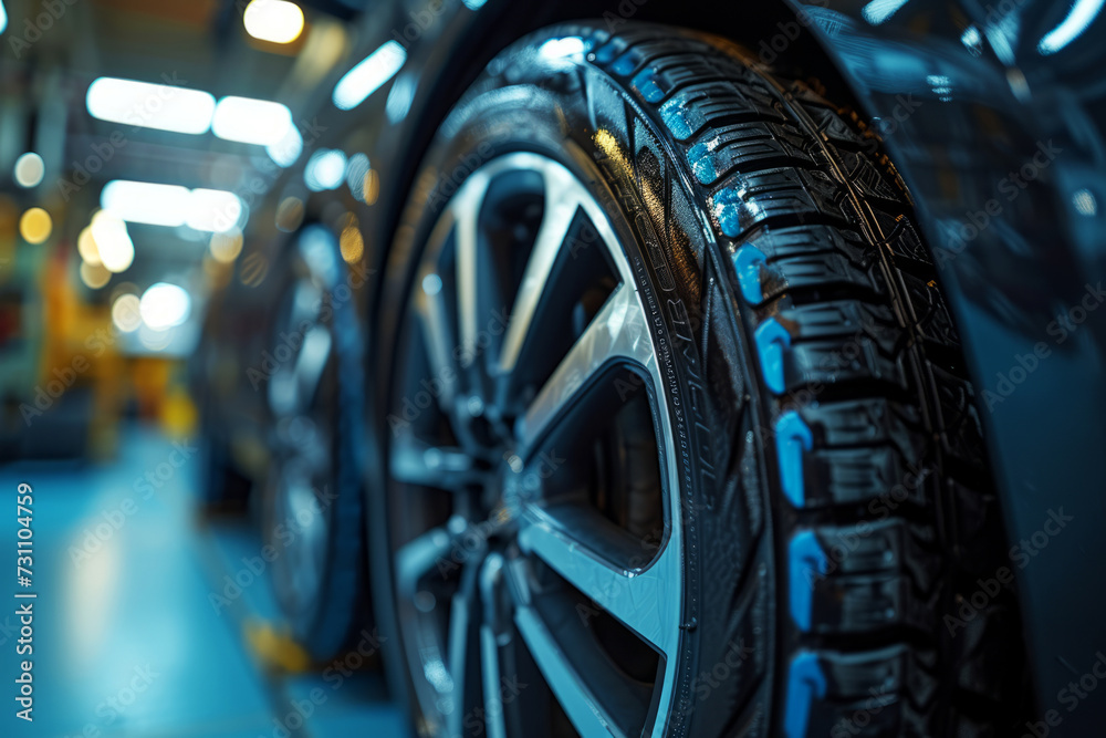 Close-up of Car Tire on Assembly Line in Factory, Close-up view of a high-performance car tire attached to a shiny alloy rim, set against the blurred backdrop of an automotive assembly line. Close-up of Car Tire on Assembly Line in Factory, Close-up view of a high-performance car tire attached to a shiny alloy rim, set against the blurred backdrop of an automotive assembly line.