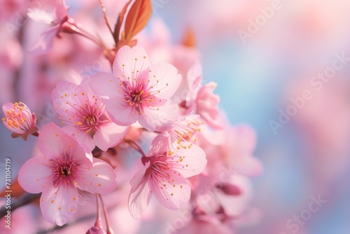 Cherry Blossoms in Full Bloom, Soft pink cherry blossoms in full bloom, creating a tranquil and beautiful springtime scene.