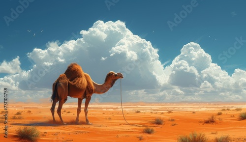 A majestic arabian camel stands tall in the vast desert, against a stunning sky filled with wispy clouds, blending seamlessly into its aeolian surroundings photo