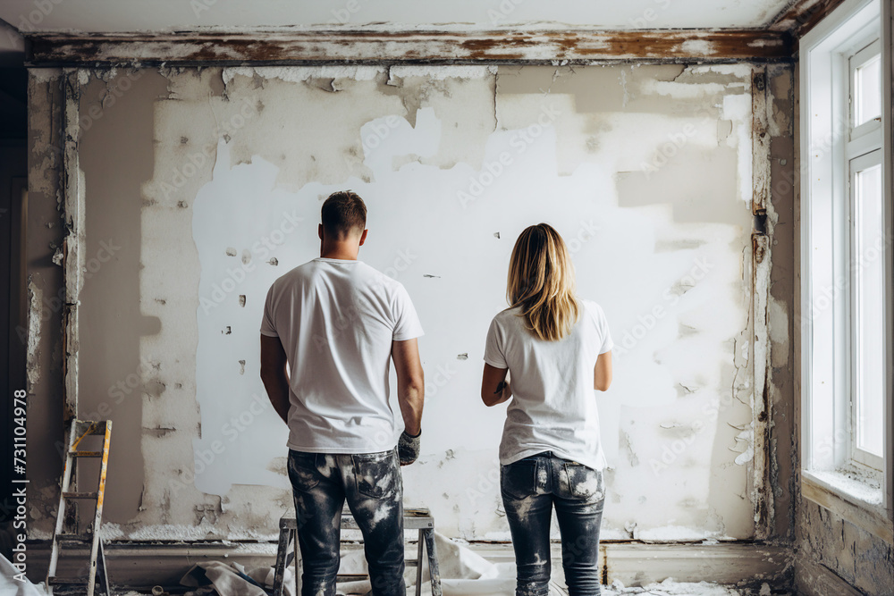 Generative ai rear view photo picture of two people renovating and remodeling their own house