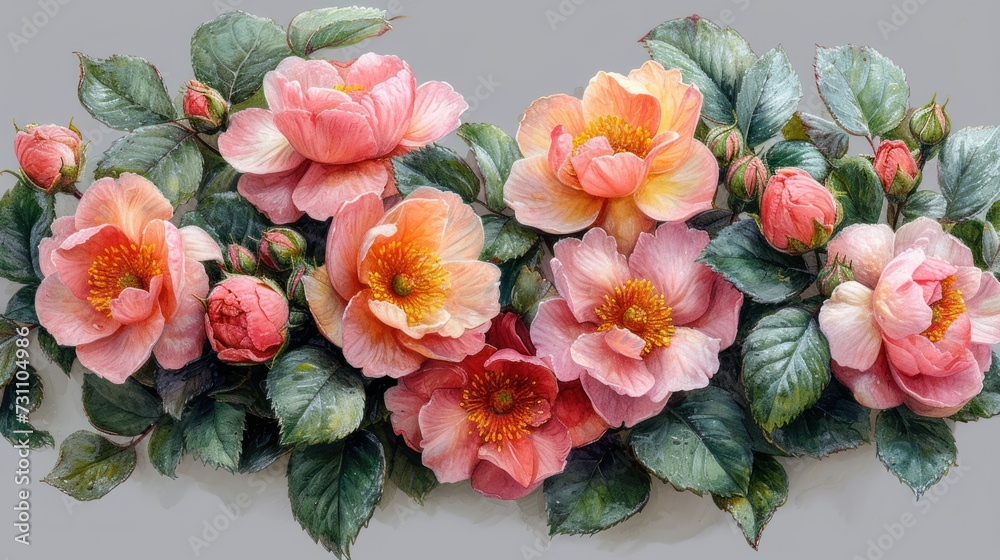 a group of pink flowers with green leaves on a gray background with a white wall in the middle of the picture. a group of pink flowers with green leaves on a gray background with a white wall in the middle of the picture.