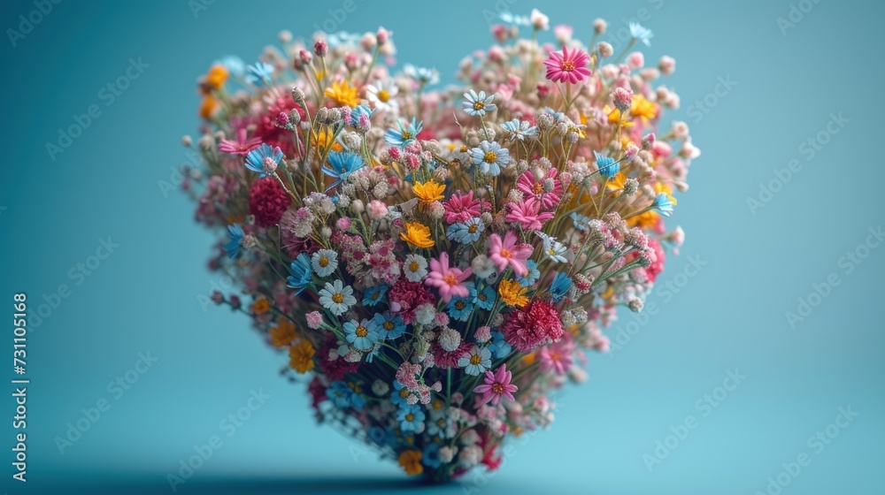 a heart shaped arrangement of wildflowers on a blue background in the shape of a heart with a blue background. a heart shaped arrangement of wildflowers on a blue background in the shape of a heart with a blue background.