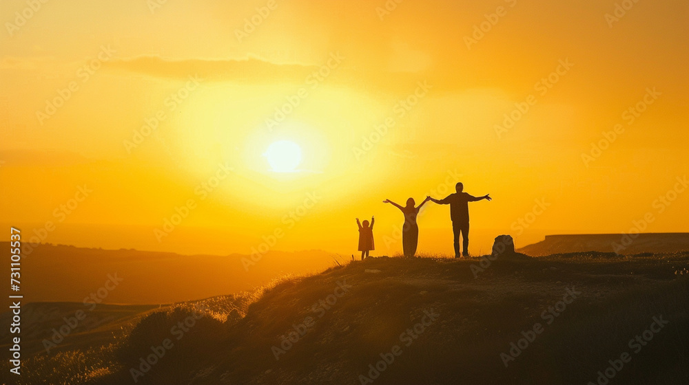 A family of four standing on a hilltop, silhouetted against a golden sunset, with arms outstretched, with copy space, dynamic and dramatic composition, with copy space