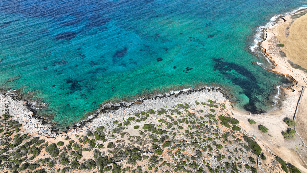 Aerial drone photo of beautiful seascape in island of Shoinousa untouched. by tourism, Small Cyclades, Greece