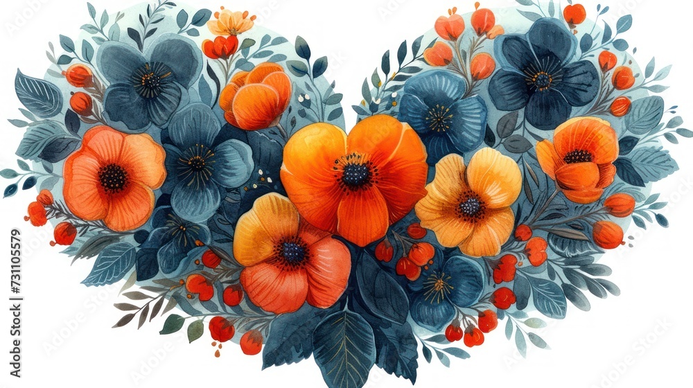a bouquet of orange and blue flowers on a white background with leaves and flowers in the shape of a heart.