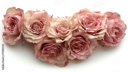 a bunch of pink roses sitting on top of a white counter top in front of a white backround.