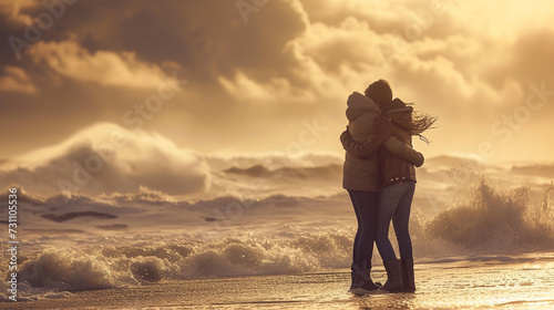 A parent and child embracing on a windswept beach  waves crashing in the background  with copy space  dynamic and dramatic composition  with copy space