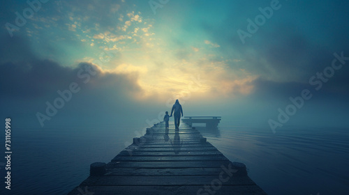 A child and their parent holding hands, walking along a misty pier at dawn, with copy space, dynamic and dramatic composition, with copy space photo