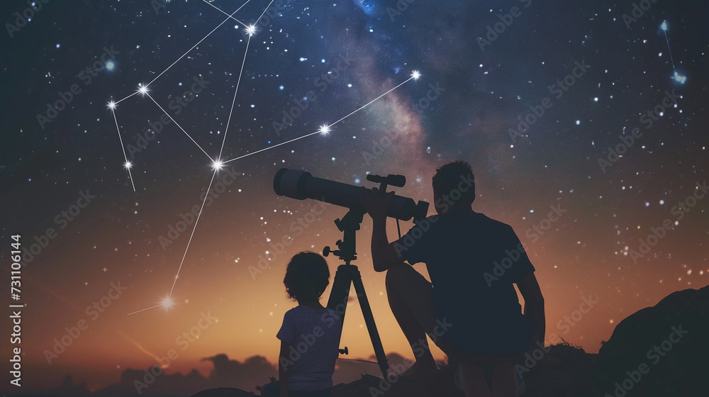 A parent and child stargazing through a telescope on a clear night, with constellations visible in the sky, with copy space, dynamic and dramatic composition, with copy space